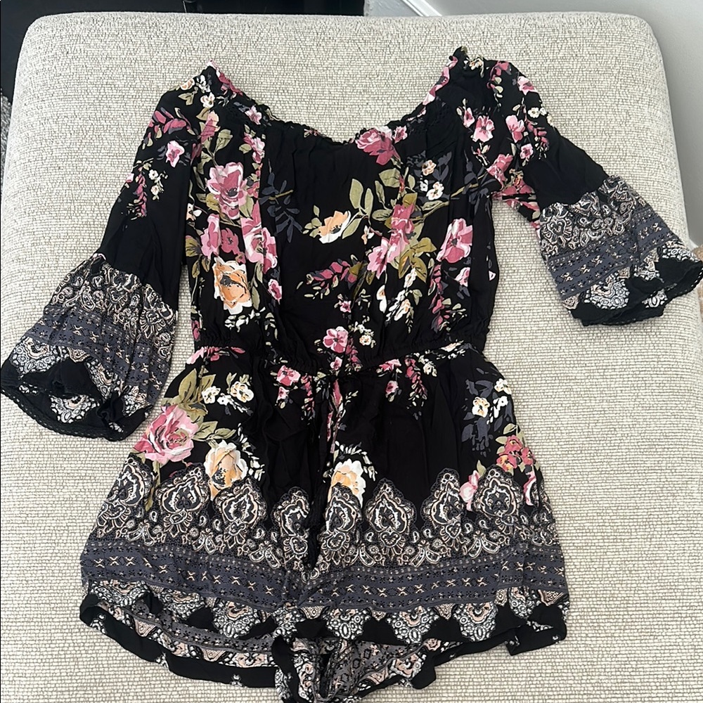 Floral Black Romper with Bell Sleeves